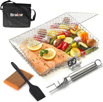 Stainless Steel Large Grill Basket with Removable Handle, Easy Open/Close Lid, Included Silicone Basting Brush & Steel-fiber Scrub Sponge - Perfect for Outdoor Cooking, BBQ, and Camping (12.25 x 9.5 x 1.5 Inches)