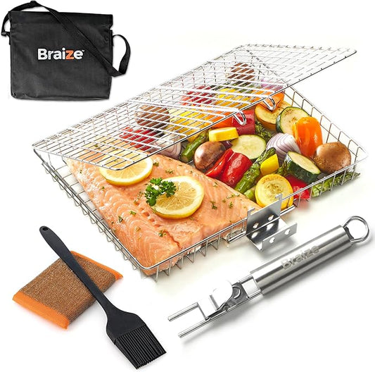 Stainless Steel Large Grill Basket with Removable Handle, Easy Open/Close Lid, Included Silicone Basting Brush & Steel-fiber Scrub Sponge - Perfect for Outdoor Cooking, BBQ, and Camping (12.25 x 9.5 x 1.5 Inches)