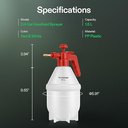 VIVOSUN 50oz Pump Sprayer, Handheld Garden Water Sprayer Bottle with Adjustable Brass Nozzle, for Spraying Plants, Flowers, Weeds and Cleaning, Red