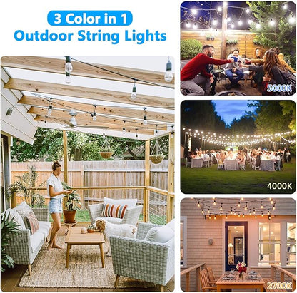3 Color Dimmable LED Outdoor String Lights with Remotes, 48FT Waterproof Patio Hanging Lights with Shatterproof E26 S14 LED Bulbs for Bistro Cafe Pergola Party, Warm White/Nature White/Daylight White