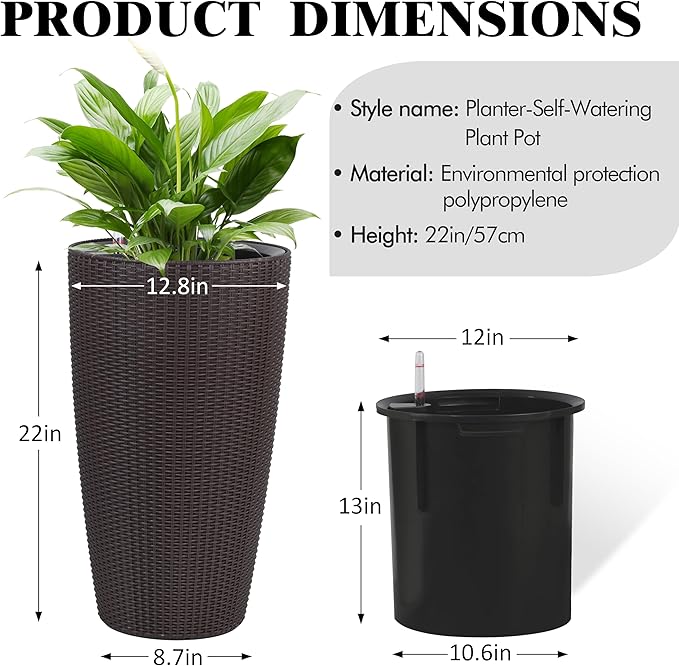 22" Tall Planter Set of 2, Large Self Watering Pots for Indoor/Outdoor Plants with Drain Holes, Water Level Monitor, Inner Bucket for Front Porch Patio, Brown Rattan Conical