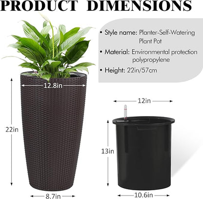 22" Tall Planter Set of 2, Large Self Watering Pots for Indoor/Outdoor Plants with Drain Holes, Water Level Monitor, Inner Bucket for Front Porch Patio, Brown Rattan Conical