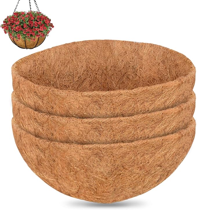 ZeeDix 16 Inch Coco Liners for Hanging Baskets, 3 Pcs Round Coco Liner 100% Natural Coco Fiber Basket Coconut Replacement Liner for Hanging Baskets Planters Flowers Vegetables(16in-3pcs)