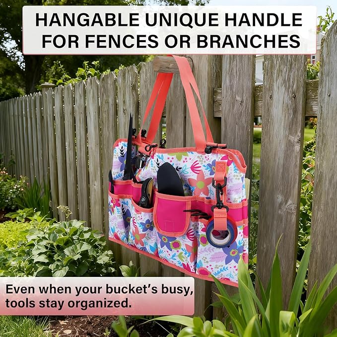 KUNN 5 Gallon Bucket Organizer 18-Pocket Bucket Tool Bag with Hangable Handle, Heavy-Duty Garden Tool Organizer Bag for Gardening Tools, Fits 3.5-5 Gal Buckets, Includes Comfort Grip Pad, Red