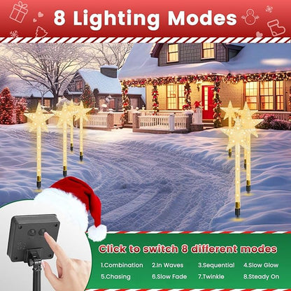 13.78FT Solar Star Pathway Lights, 8-Pack 8 Modes LED Star Stake Lights, IP64 Waterproof Christmas Decorative Lights for Yard, Garden, Walkway, Patio Holiday Party