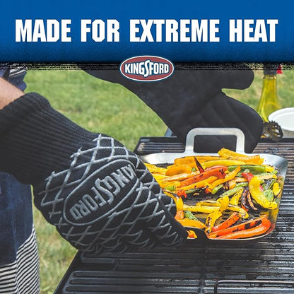 Kingsford Extreme Heat BBQ Grill Gloves, 2 Count | Heat Resistant Barbecue Gloves | The Ultimate Heat Barrier Silicone Grilling Gloves with Anti-Slip Safe Grip, Black, 1 Size Fits All