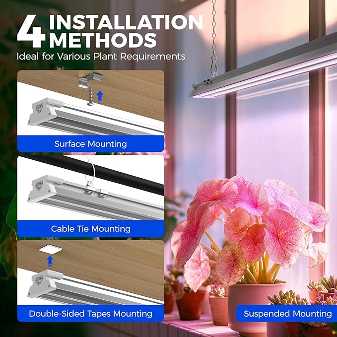 Barrina TX-S60 Grow Lights for Seed Starting, 240W(4 x 60W, 1680W Equivalent), High PPFD, Full Spectrum, Mechanical Timer, Linkable, Hanging Light, Grow Light for Indoor Plants, Vegetables, 4 Packs