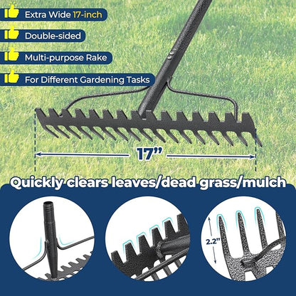Garden Rake, 17" Extra Wide Double-Sided Head, 63" Heavy Duty Lightweight Stainless Steel Leaf Rake for Leveling Lawn, Loosening Soil, Leaf Cleanup, Soil Prep, Landscaping, Spread Mulch Fast