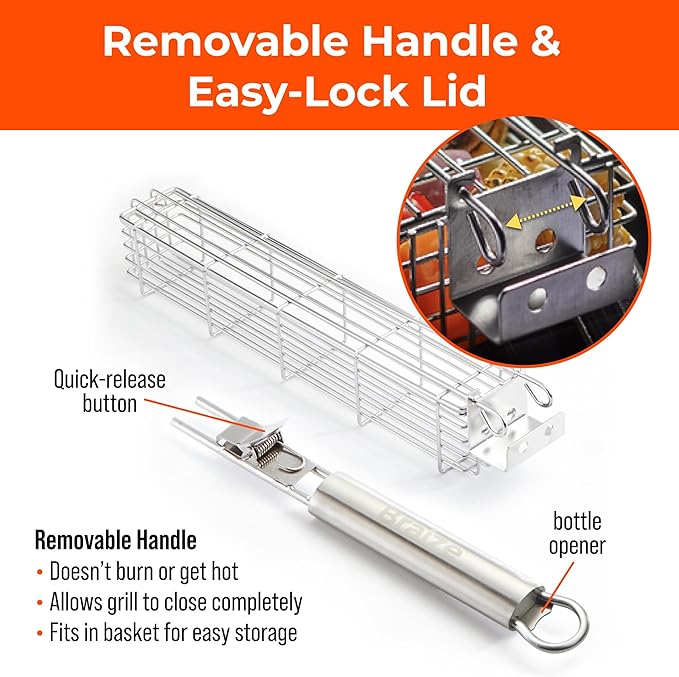 Large Grilling Basket Set – 3 Stainless Steel Kabob Baskets with Removable Handle & Scrubber Sponge – Heavy-Duty Grill Accessory for Veggies, Meat & More