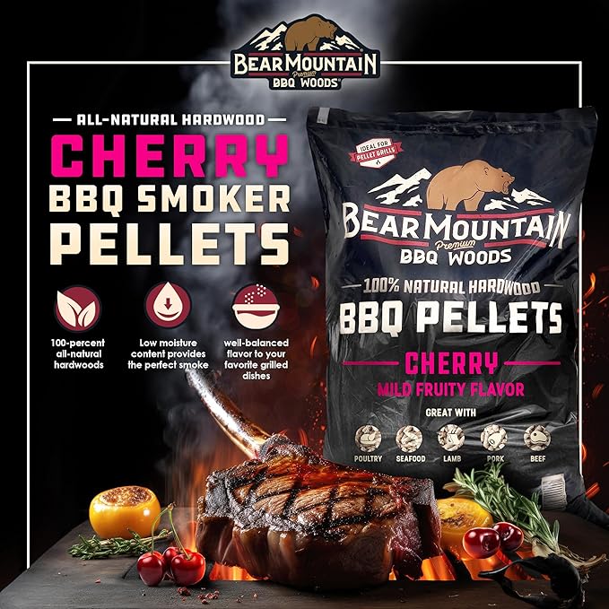 Bear Mountain All Natural Wood Pellets for Smoker, Grill & BBQ, 40 Lbs, Cherry - Premium Hardwood Barbecue Pellet Accessories for Indoor and Outdoor Grilling