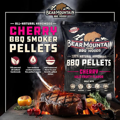 Bear Mountain All Natural Wood Pellets for Smoker, Grill & BBQ, 40 Lbs, Cherry - Premium Hardwood Barbecue Pellet Accessories for Indoor and Outdoor Grilling