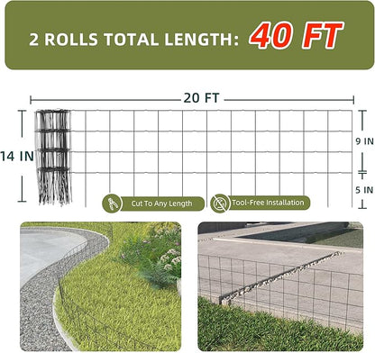 Decorative Garden Fence Border Rolls, Total 14 in x 40 ft 2 Pack Metal Folding Flat Wire Fencing for Yard, Black PVC Coated Outdoor Patio Landscape Flower Bed Edging