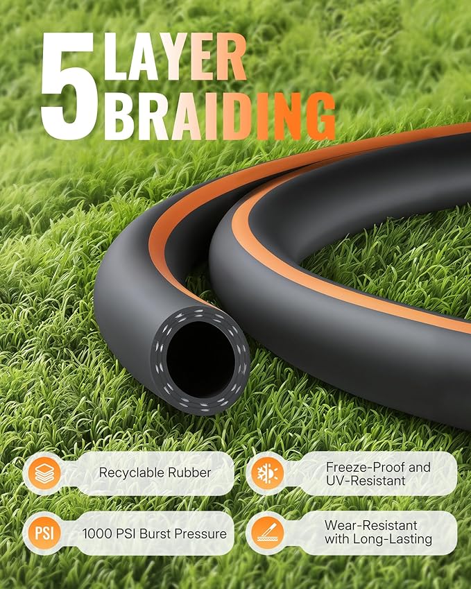 15FT x 5/8" Rubber Garden Hose, Heavy Duty Garden Hose, 300 PSI Working, 1000 PSI Burst, Swivel Handle with Stainless Steel Ring, 5-Layer Braided, All-Weather Outdoor Use, BG15GH06