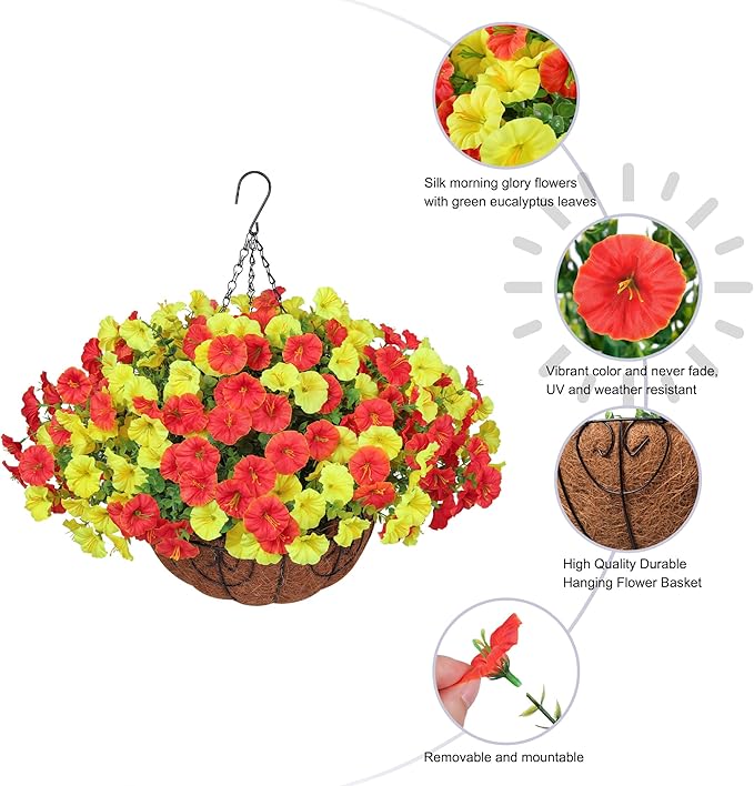 Artificial Fake Hanging Flowers Basket for Outdoors Spring Decoration, 12 Bundles Faux Silk Morning Glory Plants for Outdoor Planters Realistic UV Resistant Artificial Flowers for Outside Porch Garden
