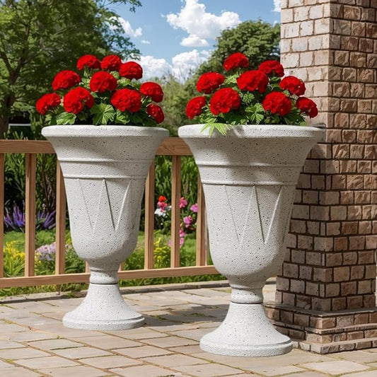 23.6" Tall Plastic Urn Planters for Outdoor Plants with Drainage Holes & Trophy Design, Set of 2 Heavy-Duty Classic Indoor Large Flower Pots, Outdoor Planters for Porch/Home/Garden, Grey