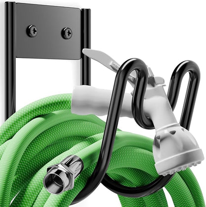 Black Metal Garden Hose Holder - Wall Mounted Water Hose Holder - Hose Hanger Heavy Duty for Water Hose Extension Cords Vacuum Hose (1 Pack)