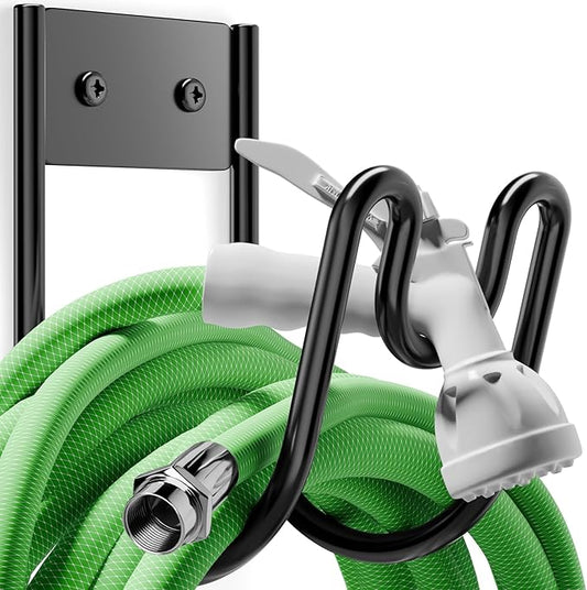 Black Metal Garden Hose Holder - Wall Mounted Water Hose Holder - Hose Hanger Heavy Duty for Water Hose Extension Cords Vacuum Hose (1 Pack)