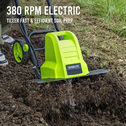 STEELITE 18 Inch Width Electric Tiller Cultivator, 8.7-Inch Depth Electric Rototiller with 24 Durable Steel Tines, 13.5 Amp Corded Cultivator for Gardening, 2-Adjustable Wheels for Garden Lawn Yard