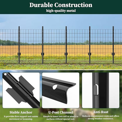 10 Pack Garden Fence Post, 3 Feet Heavy Duty Metal U-Post for Wire Fence, No Dig Garden Fence Stakes for Temporary Fencing, Electric Fence Wire, Corner Anchor, and More-Black