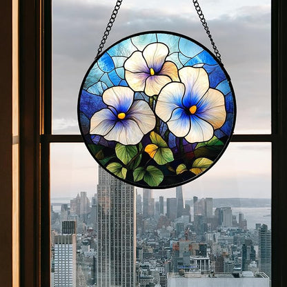 Stained Glass Window Hanging - Morning Glory Birth Flowers Suncatcher for Door Garden Yard Sun Catchers Decor Christmas Mother's Day Birthday Gifts for Women Mom Nana Friend Men 11.8 in