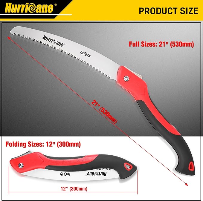 HURRICANE Folding Saw/10 Inch Pruning Implement/Wood-Cutting Gear/Camping Tree Cutter with SK5 Curved Blade/Triple-cut Razor Teeth/Outdoor Portable Cutter for Tree Trimming Gardening Hiking