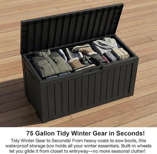 75 Gallon Resin Deck Box, Outdoor Storage Box with Lockable Lid, Waterproof Patio Furniture Cover, Garden Tool Organizer, All-Weather Bench for Deck, Pool & Yard - Black