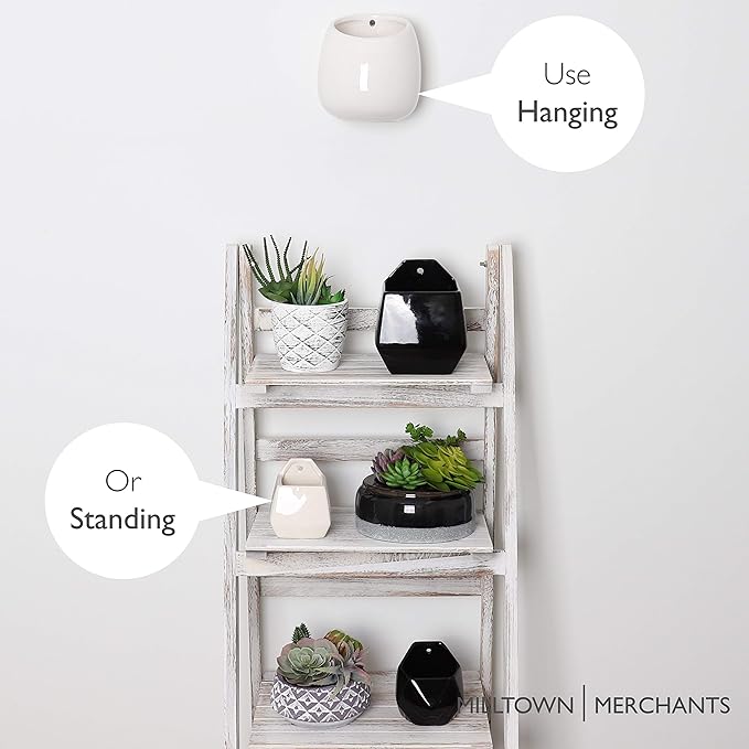 Milltown Merchants Succulent Wall Planters - White Ceramic Wall Mounted Planters - Succulent Plant Pots - Hanging Vases for Living Wall (1 Pack/Modern/White)