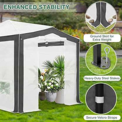 EAGLE PEAK 12x8 Portable Walk in Greenhouse with Polyester Reinforced Corners, Instant Pop up Indoor Outdoor Gardening Green House, Roll Up Zipper Doors Mesh Windows & Winter Support Pole, Gray/White