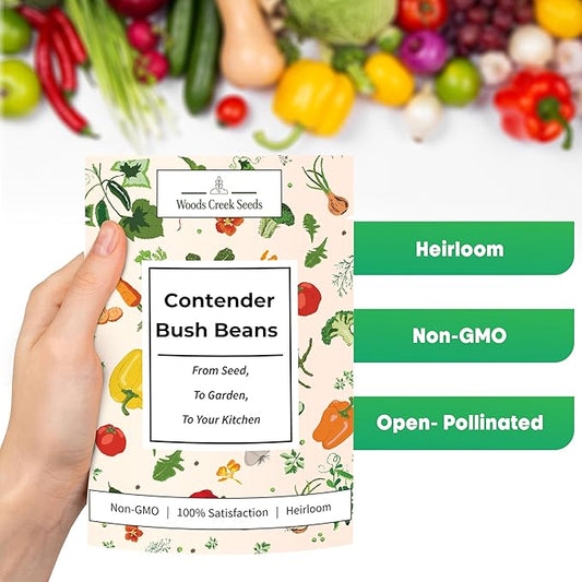 Woods Creek Seeds: Contender Bush Bean Seeds for Planting - Non-GMO Green Bean Seeds for Planting - Tender Stringless Variety - USA Grown Heirloom Bush Beans Vegetable Seed for Outdoors and Indoors