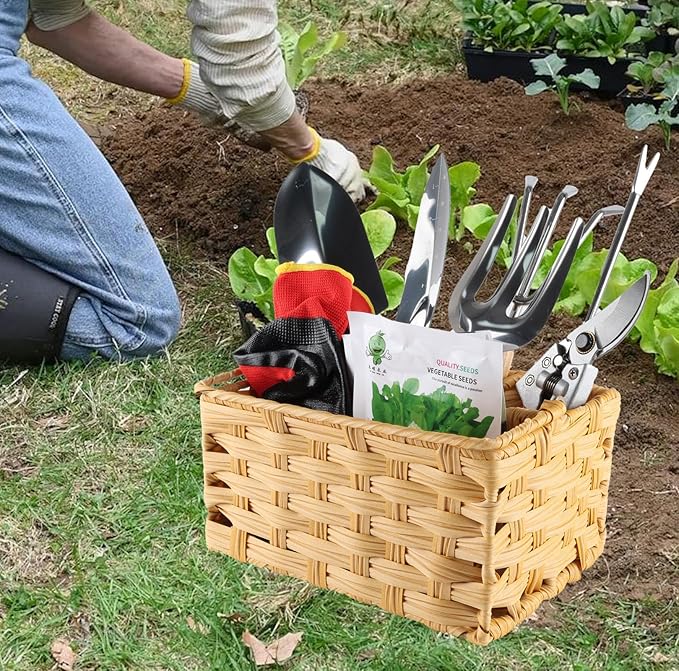 Garden Tools 8-Piece,Wicker Garden Basket with Handle,Gardening Tool Set Gardening Supplies,Outdoor Weed Puller Tool Organizer,Ideal Gifts for Women Men