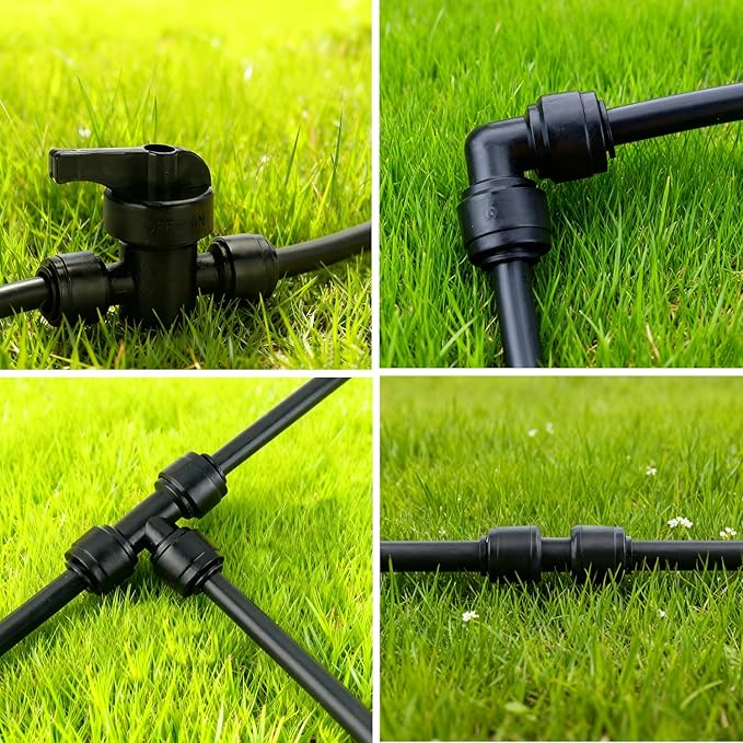 44 Pcs Quick Connect Drip Irrigation Fittings Kit for 1/4" Tubing with 4 Shut Off Valve ，10 Tees, 10 Couplings, 10 Elbows & 10 End Plugs, Anti-Leak Drip Irrigation Parts