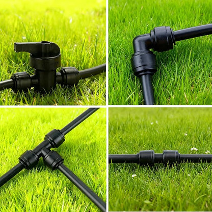 44 Pcs Quick Connect Drip Irrigation Fittings Kit for 1/4" Tubing with 4 Shut Off Valve ，10 Tees, 10 Couplings, 10 Elbows & 10 End Plugs, Anti-Leak Drip Irrigation Parts