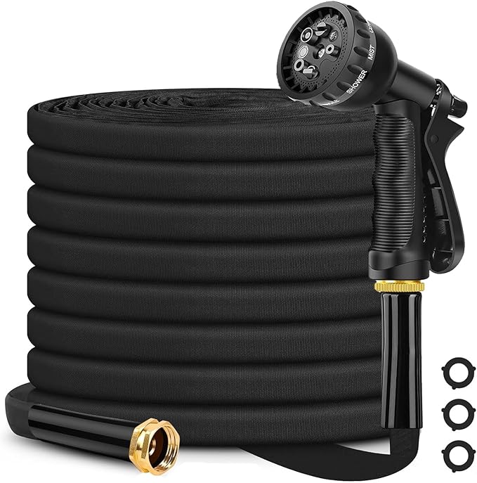 Non-Expanding Garden Hose 100ft, Flexible Water Hose with 8 Function Hose Nozzle, Lightweight, Leak-Proof, Kink Free and Non-Expandable Water Hose for Outdoor, Yard, Lawn, Car Wash, Camper Use
