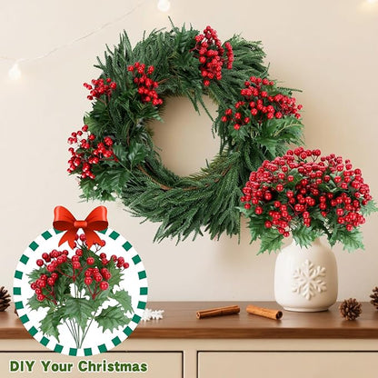 4 Bundles Artificial Christmas Flowers with Red Berry Stems, Fake Norfolk Pine Garland Branches for Winter Decor, Faux Christmas Garland Tree Picks and DIY Crafts (Green Foliage)