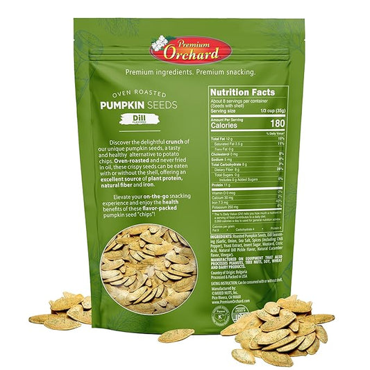 PREMIUM ORCHARD Flavored Pumpkin Seeds Oven Roasted | Dill Flavor | High Protein Snacks for Kids and Adults | Vegan Snack | Non GMO | KETO