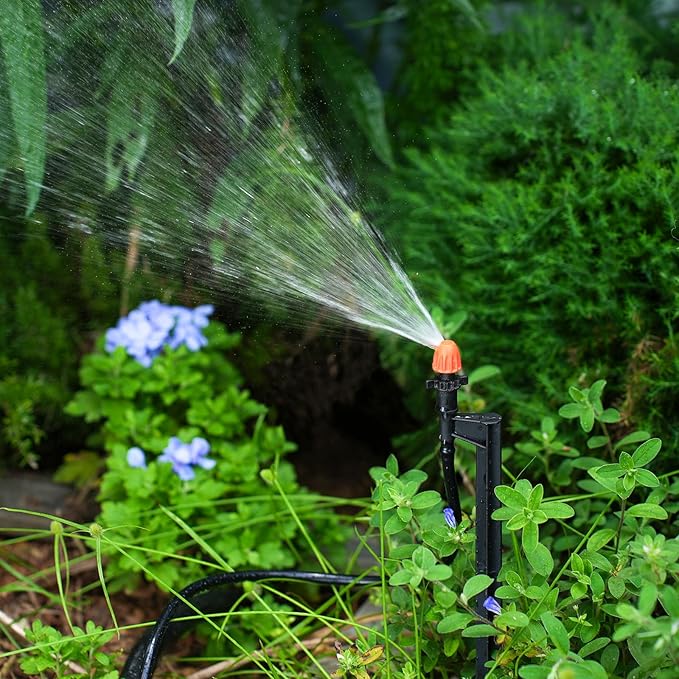 90 Degree Irrigation Sprinkler Heads: Micro Sprinkler Nozzle on 12 Inch Stake with 1/4" Tubing - Drip Spray Emitters for Garden Irrigation System (20 Pack)