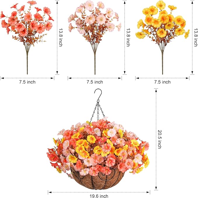 Artificial Fake Hanging Flowers with Basket for Fall Decoration, 12 Bundles Faux Silk Morning Glory Plants for Outdoor Planters, Realistic UV Resistant Artificial Flowers for Outside Porch Garden