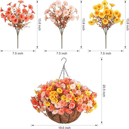 Artificial Fake Hanging Flowers with Basket for Fall Decoration, 12 Bundles Faux Silk Morning Glory Plants for Outdoor Planters, Realistic UV Resistant Artificial Flowers for Outside Porch Garden