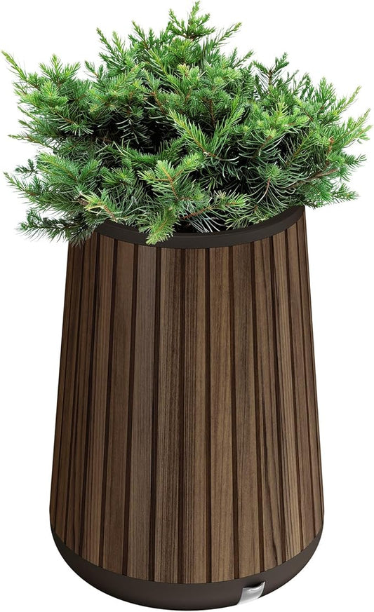 Keter Signature Conic 28.5 Inch Tall Round Large Wood Look Planter for Indoor or Outdoor Flower Pot Ideal for Patio Deck and Front Porch Decor, Rosewood