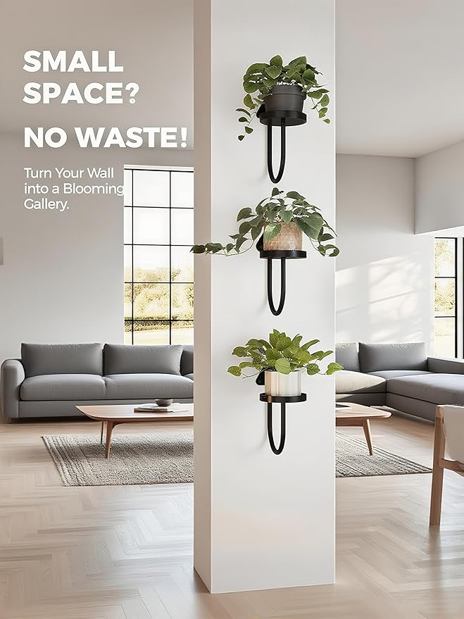 Wall Mounted Plant Holder , Yi Cheng Indoor Wall Plant Hanger with Shelves for Window Plants, Hanging Planters for Home Decor, Set of 3 Black Plant Wall Organizers