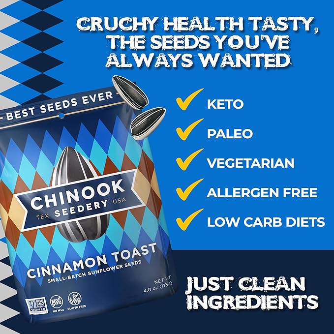 Chinook Seedery Roasted Jumbo Sunflower Seeds - Keto Snacks - Best For Snack Packs - Gluten Free, Non GMO Snack Food Gifts - 4 ounce (Pack of 3) - Cinnamon Toast Flavor