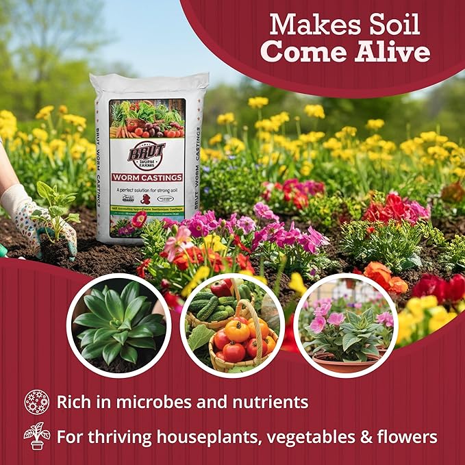 Brut Organic Worm Castings for Plants 30 LB – Natural Nutrients, Fertility Builder, Plant Food for Potting Soil and Garden Soil – Indoor and Outdoor Use
