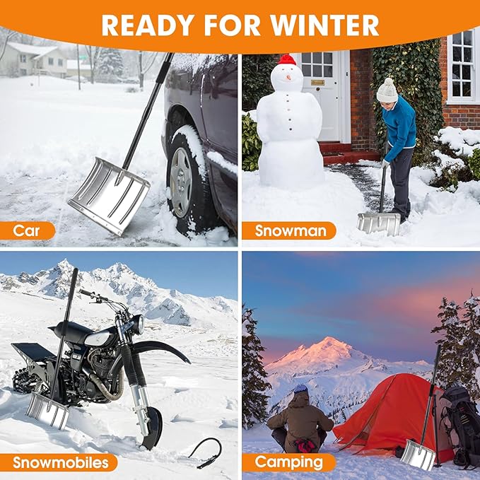 Snow Shovel, Aluminum Portable Snow Pusher Shovel Heavy Duty Metal Snow Shovel for Driveway Car Home Garage