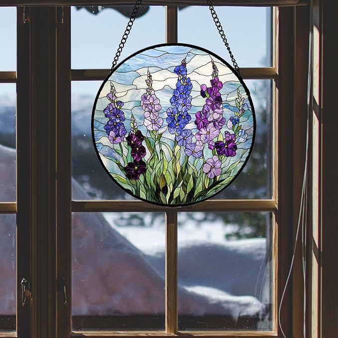 Stained Glass Window Hanging - Blue Purple Delphinium Suncatcher for Door Garden Home Decor Birth Flower Sun Catcher Birthday for Friend Lovers Women Mom Nana 6.3 in