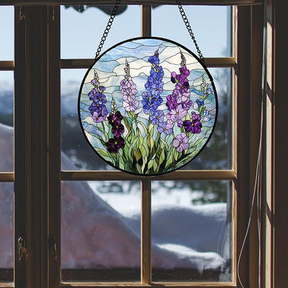 Stained Glass Window Hanging - Blue Purple Delphinium Suncatcher for Door Garden Home Decor Birth Flower Sun Catcher Birthday for Friend Lovers Women Mom Nana 6.3 in