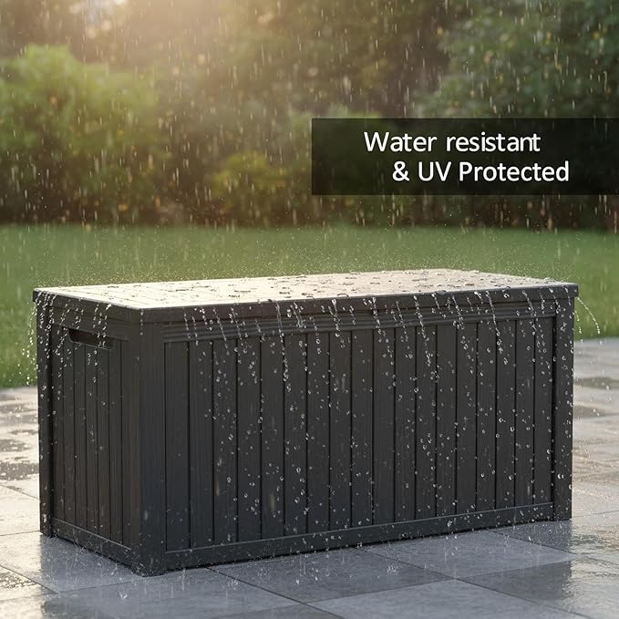 180 Gallon Resin Deck Box with Lockable Lid - Outdoor Waterproof Storage for Patio Furniture, Garden Tools, Cushions & Pool Accessories, All-Weather Wood Grain Design
