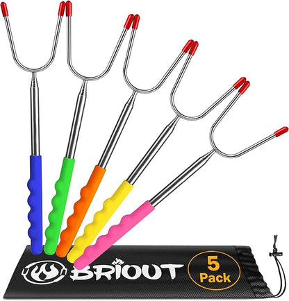 Briout Extendable Marshmallow Roasting Sticks- Extra Long 45'' Stainless Steel Smores Sticks for Fire Pit, Smore Skewers Hot Dog Fork Campfire Accessories, Camping Essentials for S'mores- 5 Pack