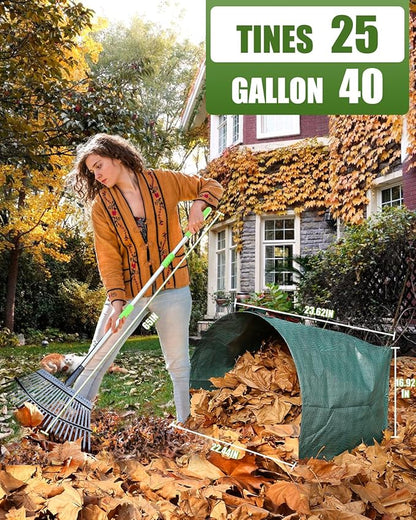 Joyhalo 65 Inch Rake for Leaves with 40 Gallon Dustpan-Typ Leaf Bags, 25 Tines Metal Leaf Rake Set for Gardening Lawns Yard Outdoor Camping Shrub Grass Bush Grass Clippings