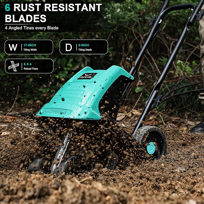 Tiller Cultivator 17 inch 15 Amp 6 Steel Tines Tillers for Gardening Electric Rototiller for Garden Yard