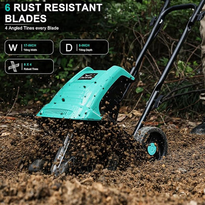 Tiller Cultivator 17 inch 15 Amp 6 Steel Tines Tillers for Gardening Electric Rototiller for Garden Yard